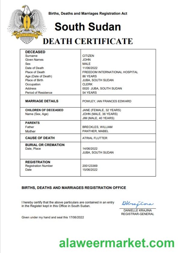 South Sudan vital record death certificate Word and PDF template